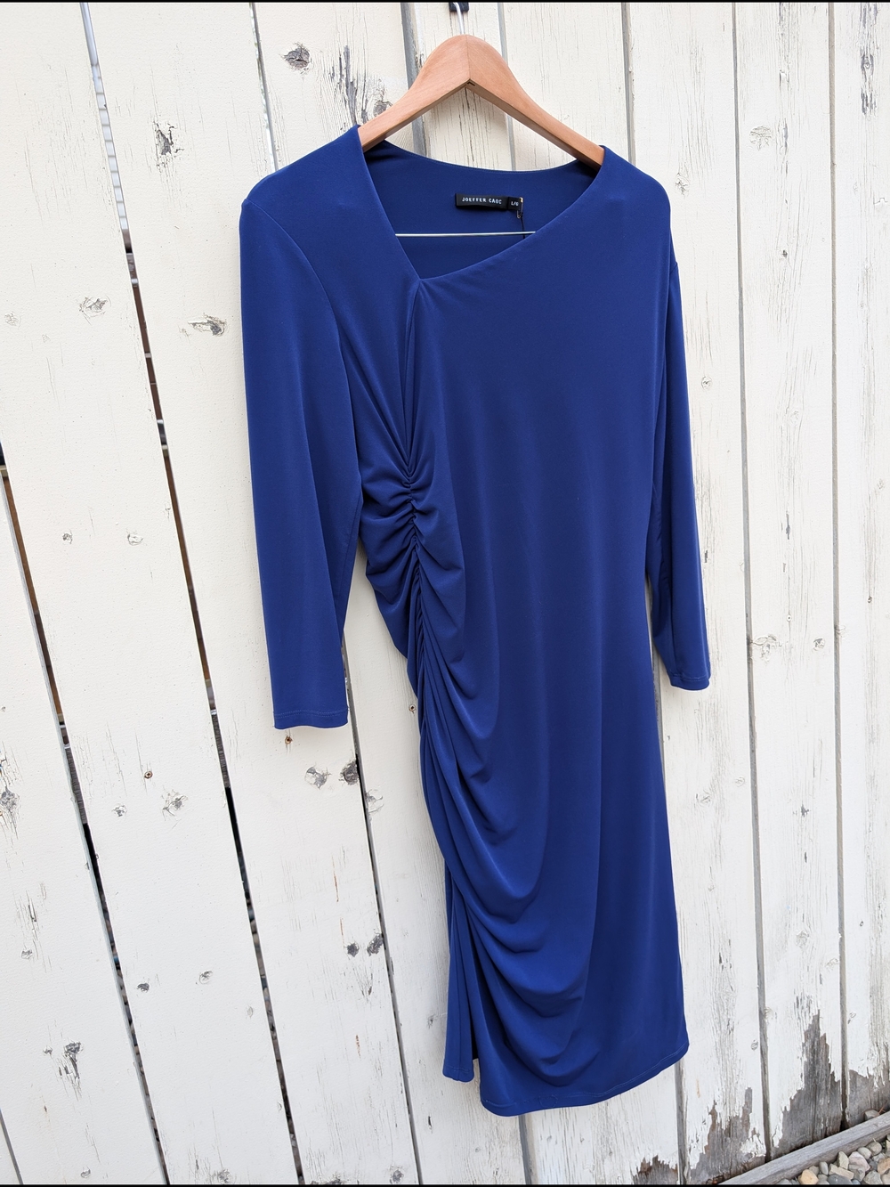 Joeffer Caoc Royal Blue Draped Ruched Long Sleeve Midi Dress Double Lined Large